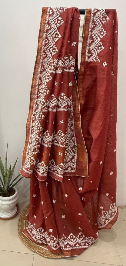 Ghicha Silk Saree with Gujarati Hand Embroidery