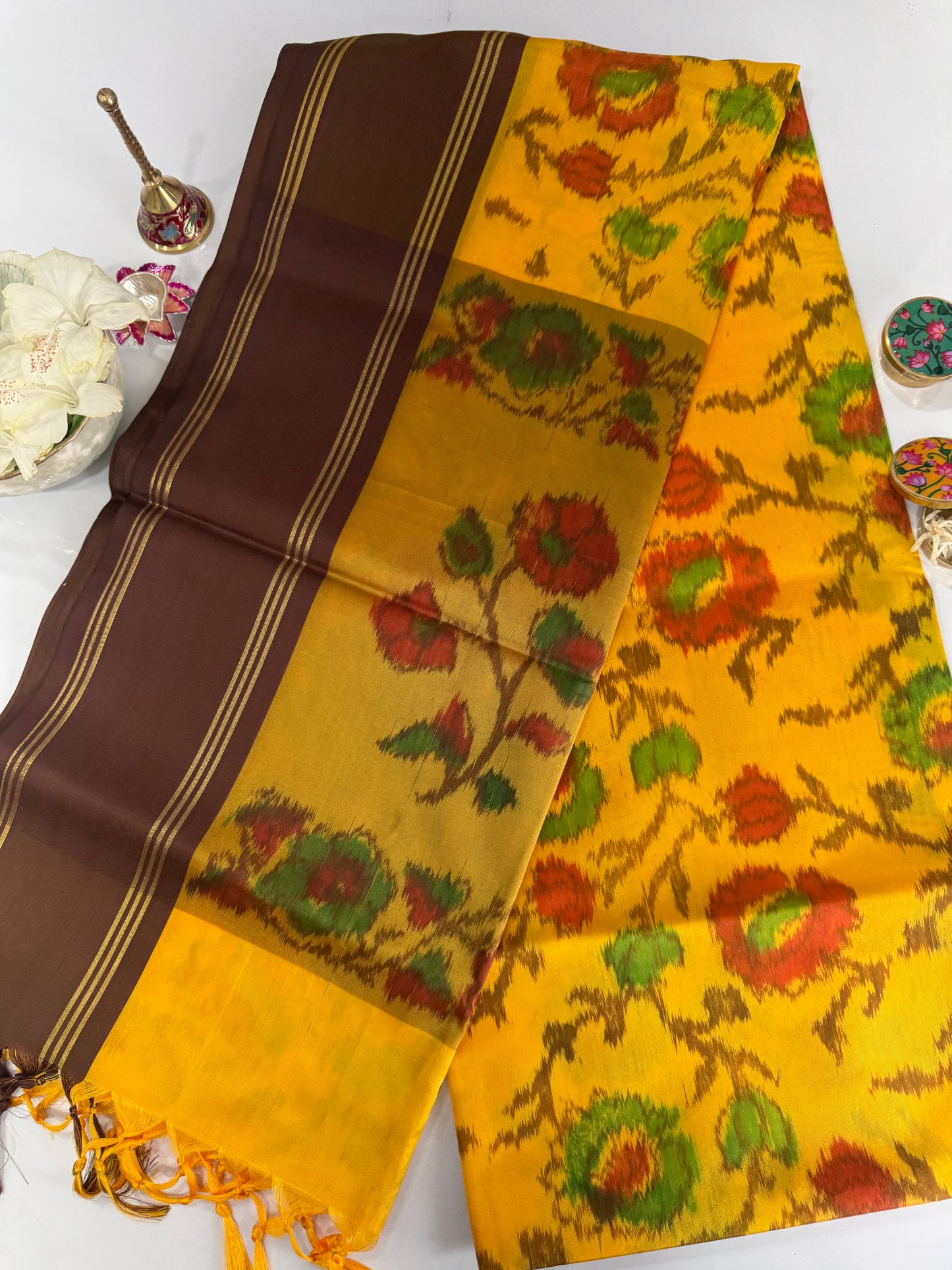 Soft Silk Batik Print Saree – Mustard Yellow & Chocolate Brown