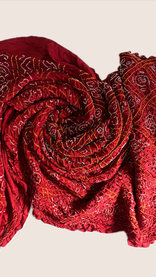 Traditional Rai Bandhej pattern saree detail