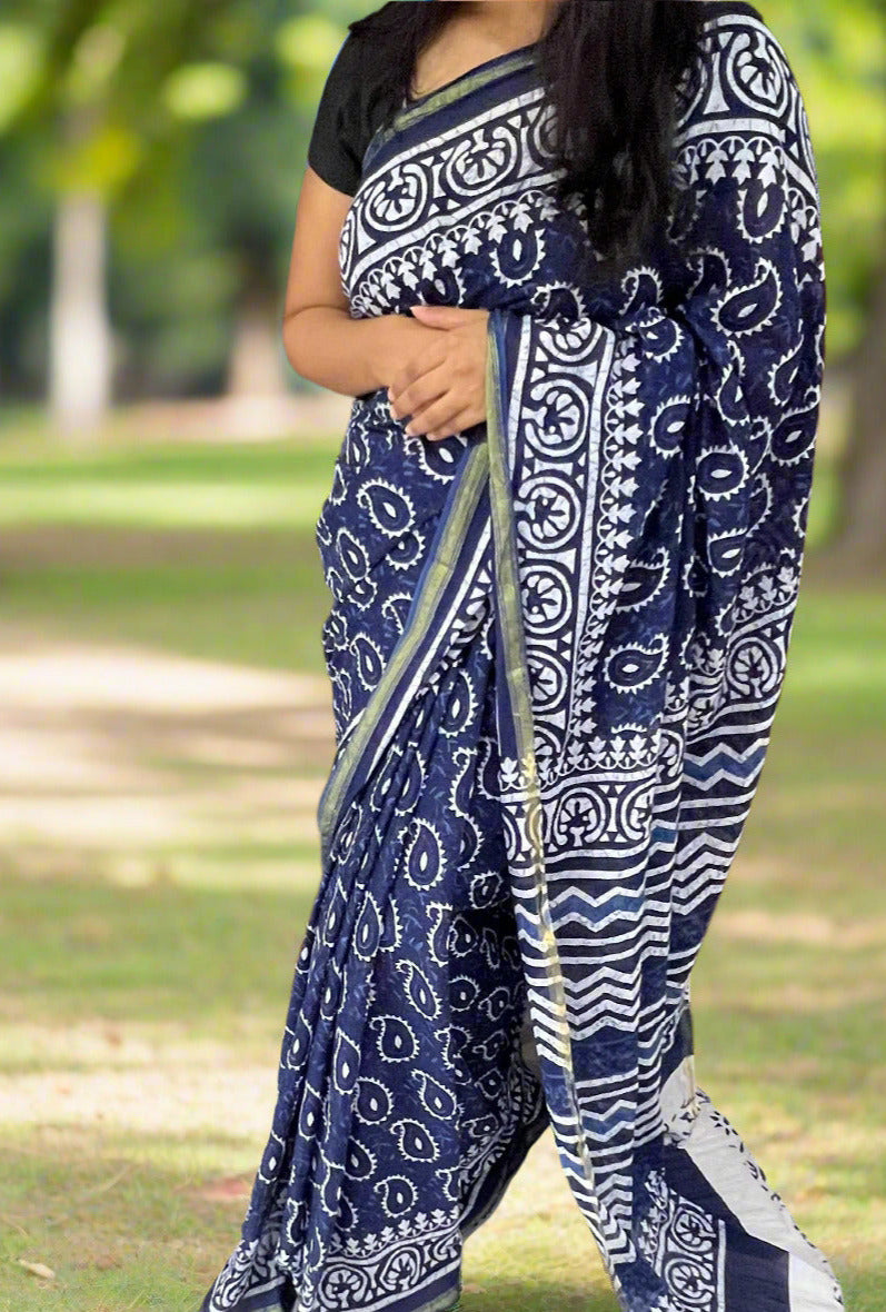 Chanderi Cotton Saree - Evergreen indigo