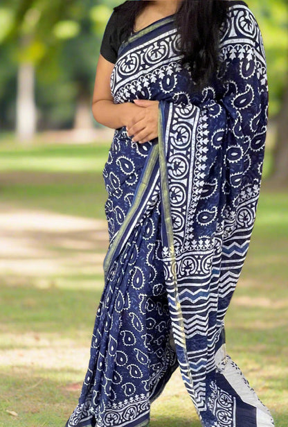 Chanderi Cotton Saree - Evergreen indigo