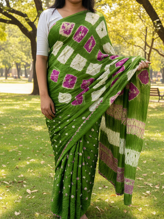 green modal silk bandana saree